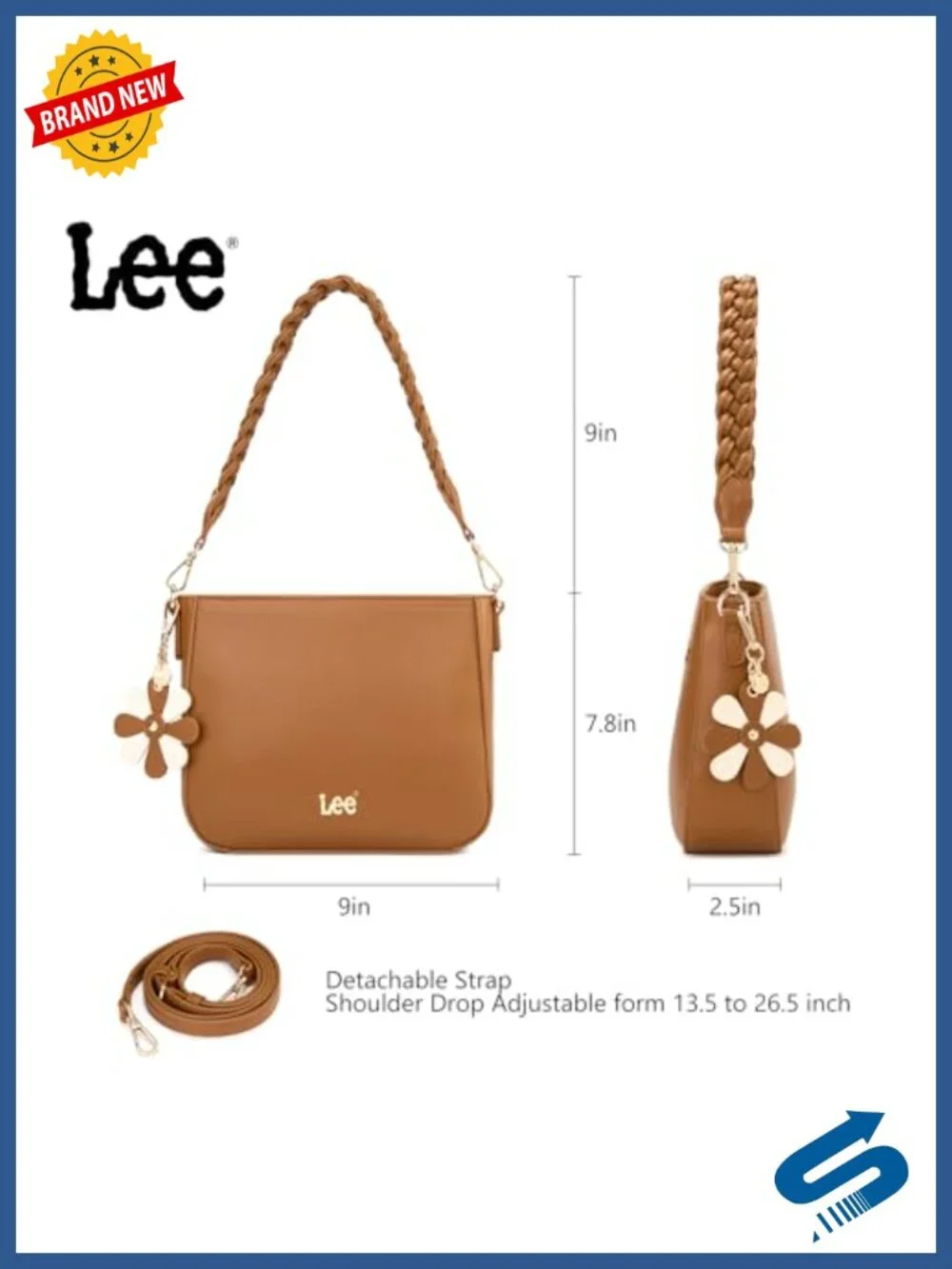 Convertible Shoulder Bag with Detachable Strap & Floral Charm